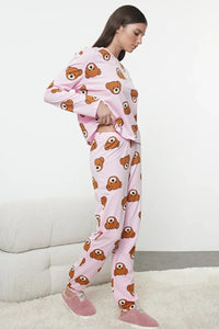 100% Cotton Knitted Pajama Set with Teddy Bear Print