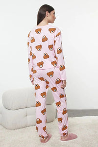 100% Cotton Knitted Pajama Set with Teddy Bear Print