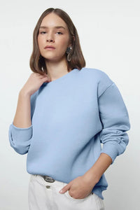 Thick Fleece-Lined Regular Fit Crew Neck Basic Knit Sweatshirt