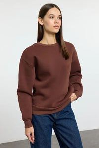 Thick Fleece-Lined Regular Fit Crew Neck Basic Knit Sweatshirt