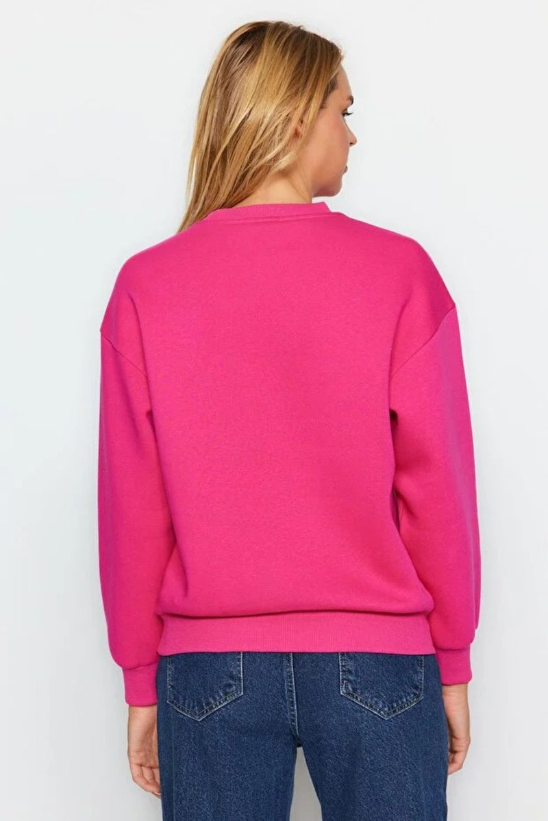 Thick Fleece-Lined Regular Fit Crew Neck Basic Knit Sweatshirt