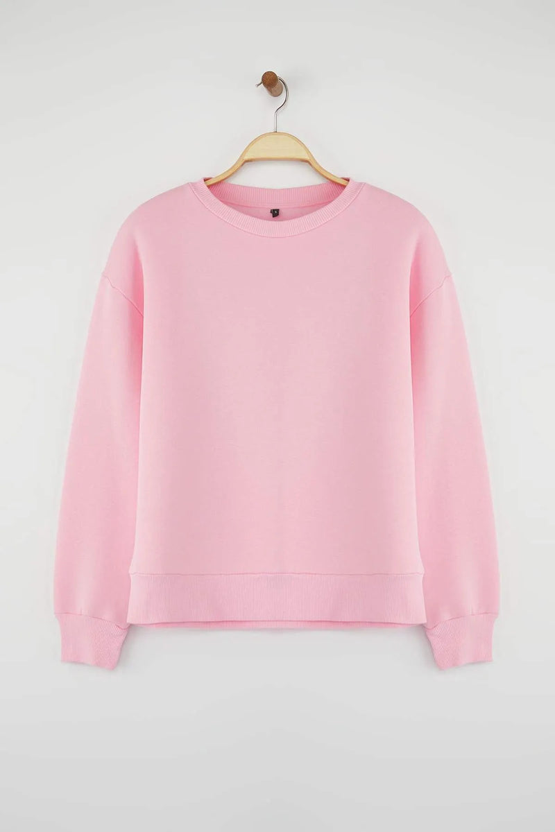 Thick Fleece-Lined Regular Fit Crew Neck Basic Knit Sweatshirt