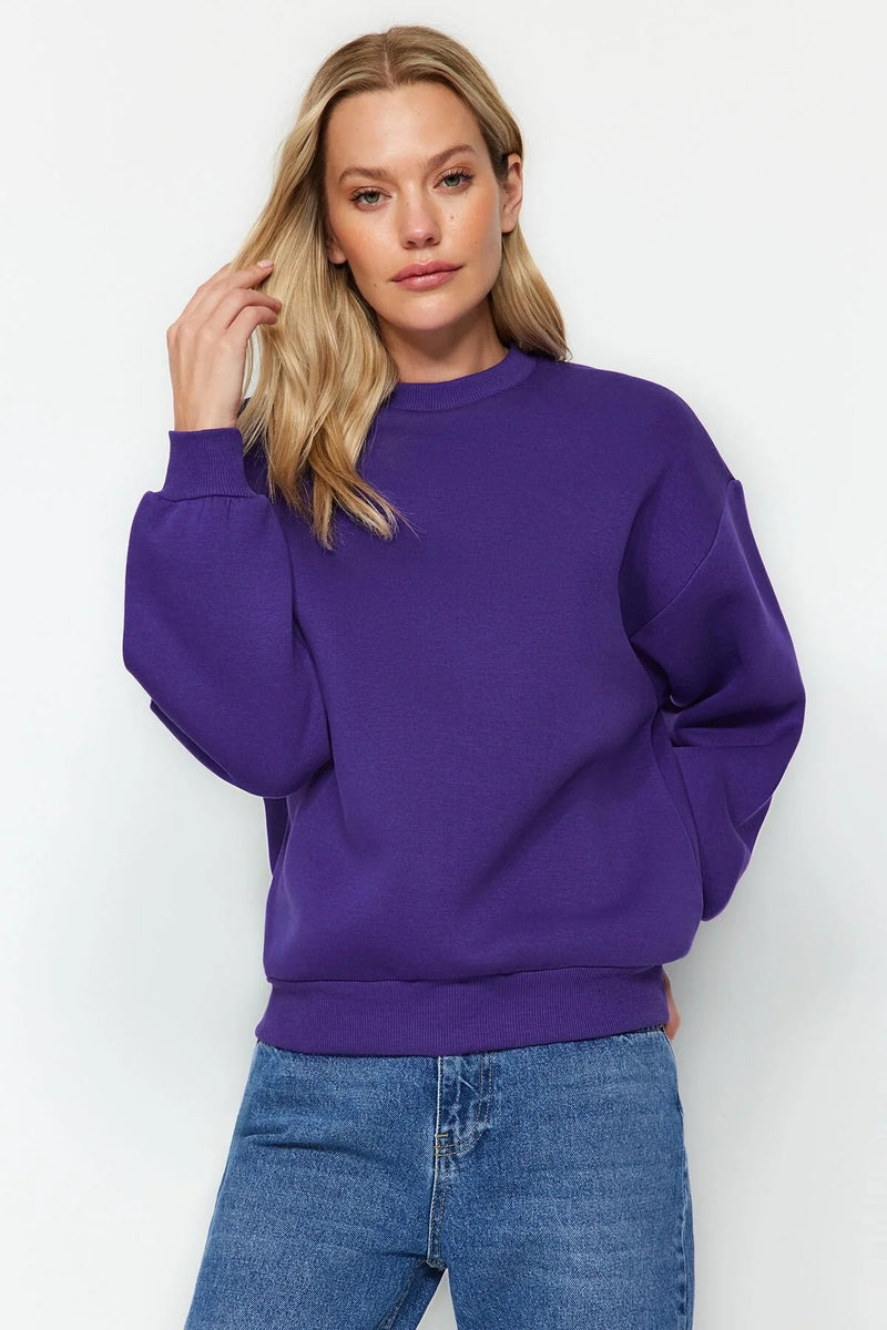 Thick Fleece-Lined Regular Fit Crew Neck Basic Knit Sweatshirt