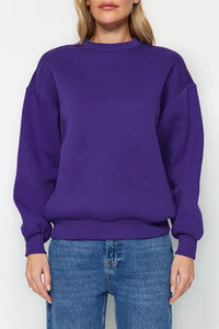 Thick Fleece-Lined Regular Fit Crew Neck Basic Knit Sweatshirt