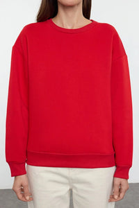 Thick Fleece-Lined Regular Fit Crew Neck Basic Knit Sweatshirt