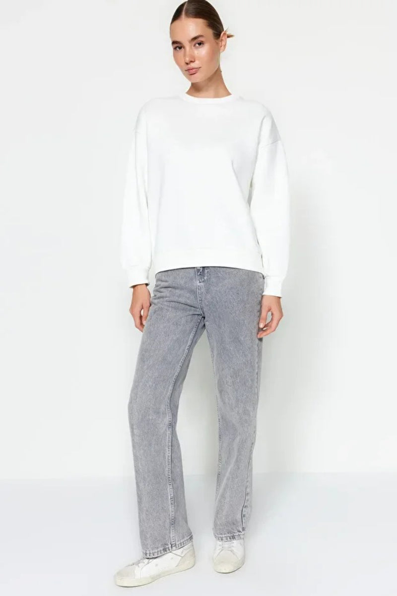 Thick Fleece-Lined Regular Fit Crew Neck Basic Knit Sweatshirt