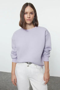 Thick Fleece-Lined Regular Fit Crew Neck Basic Knit Sweatshirt