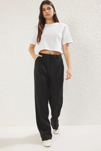 Straight-Cut Pleated Woven Trousers