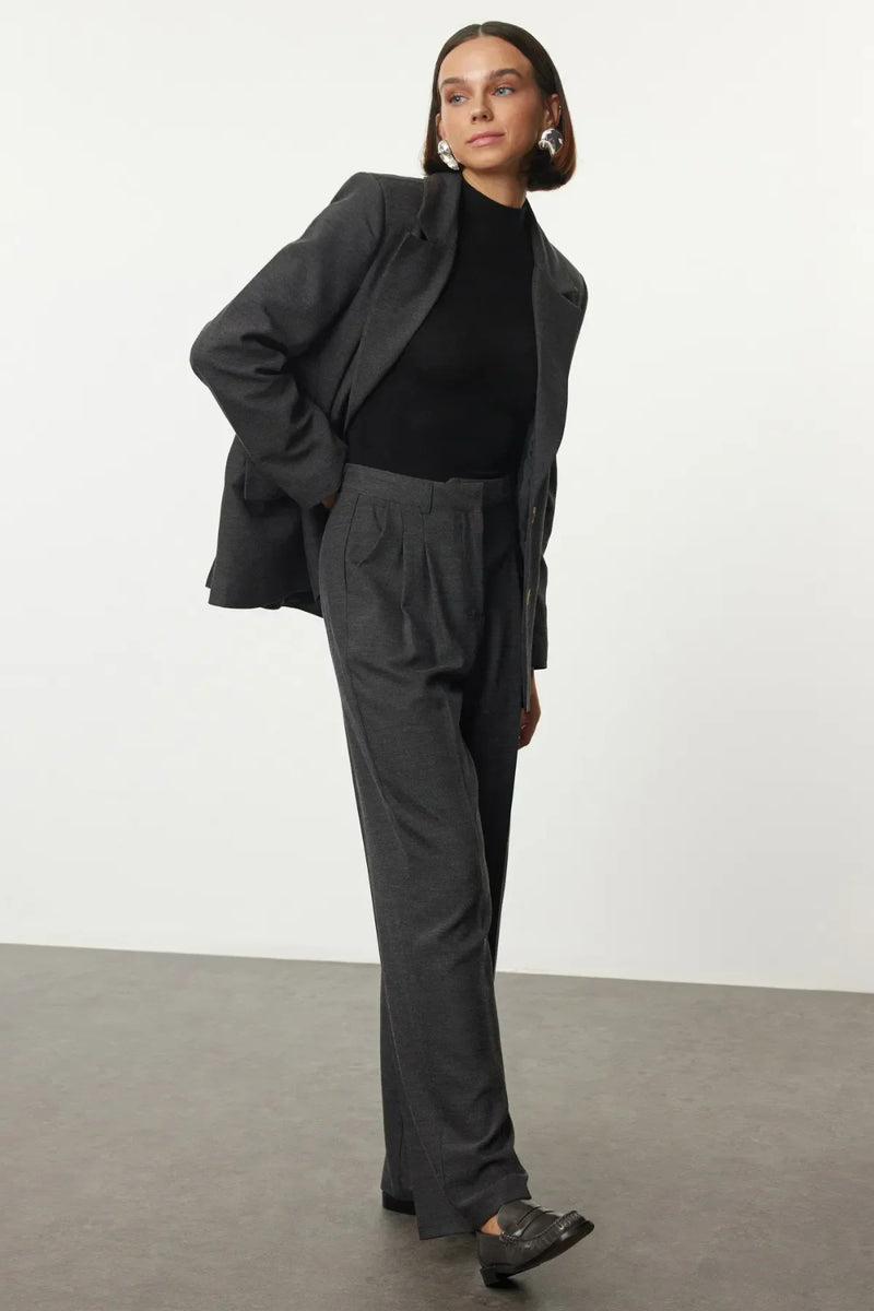Straight-Cut Pleated Woven Trousers