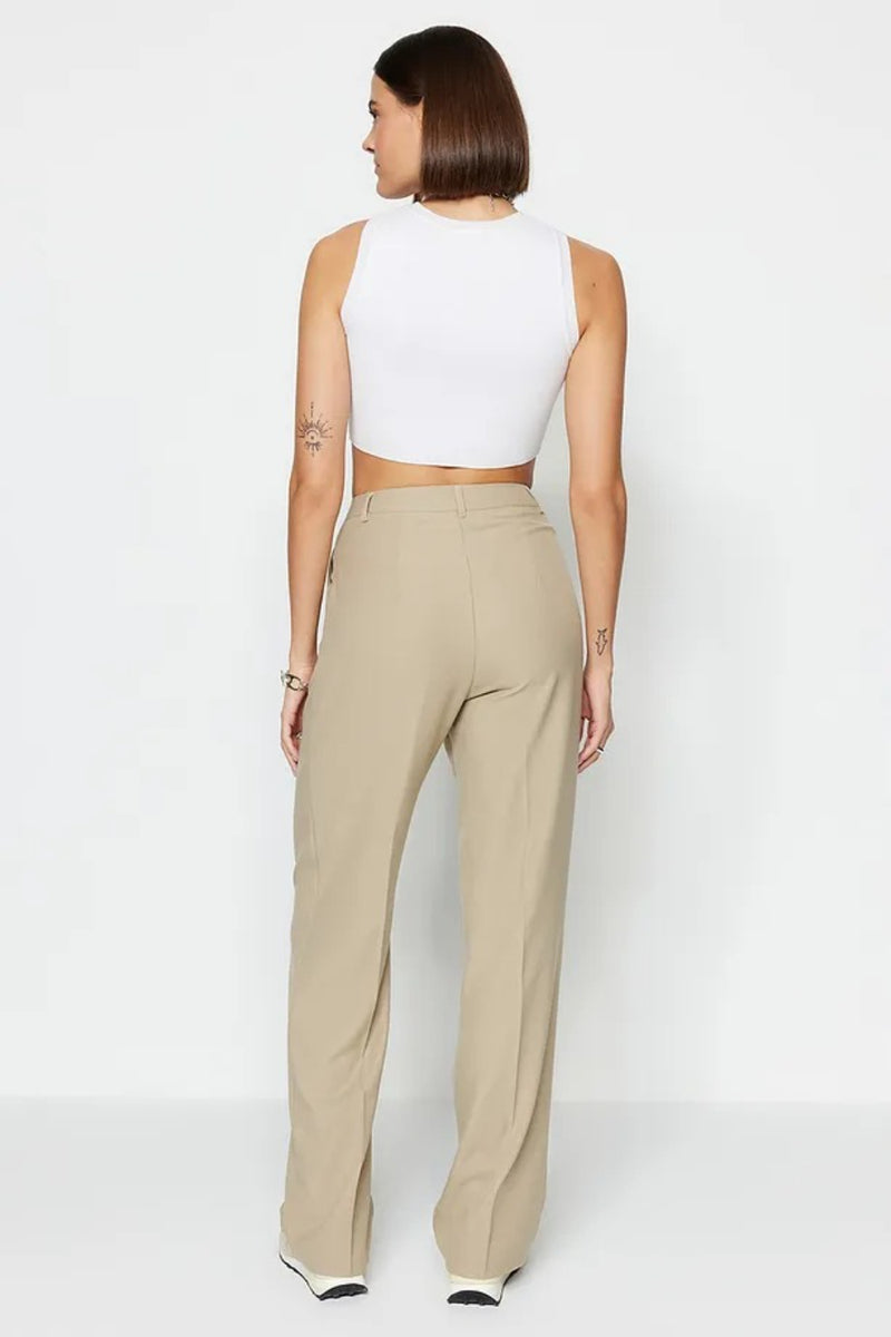 Straight-Cut Pleated Woven Trousers