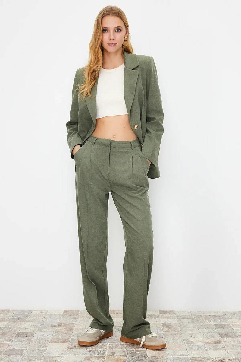 Straight-Cut Pleated Woven Trousers