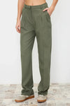 Straight-Cut Pleated Woven Trousers
