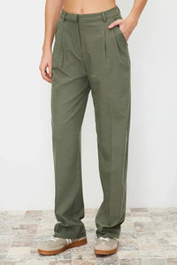 Straight-Cut Pleated Woven Trousers