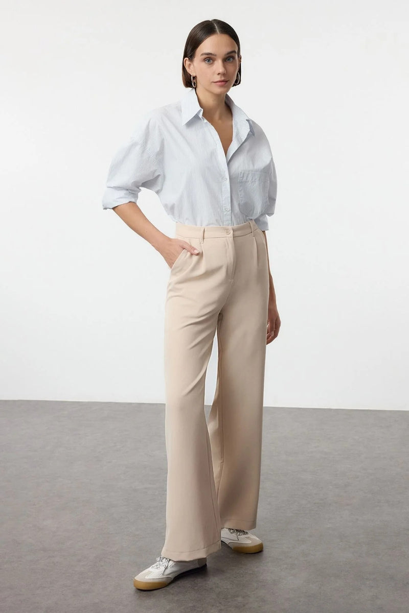 High-Waist Wide-Leg Pleated Woven Trousers