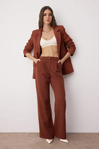High Waist Wide Leg Pleated Woven Fabric Trousers