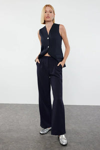 High Waist Wide Leg Pleated Woven Fabric Trousers