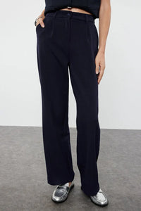 High Waist Wide Leg Pleated Woven Fabric Trousers