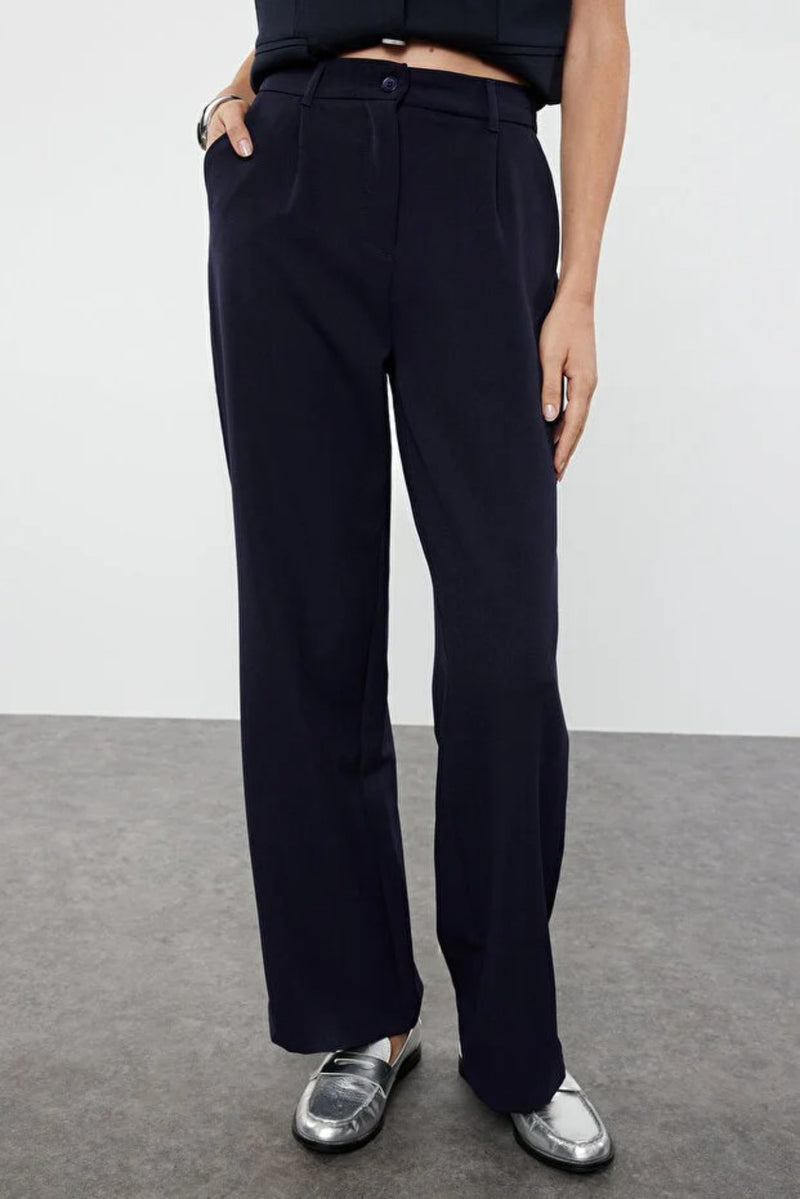 High Waist Wide Leg Pleated Woven Fabric Trousers