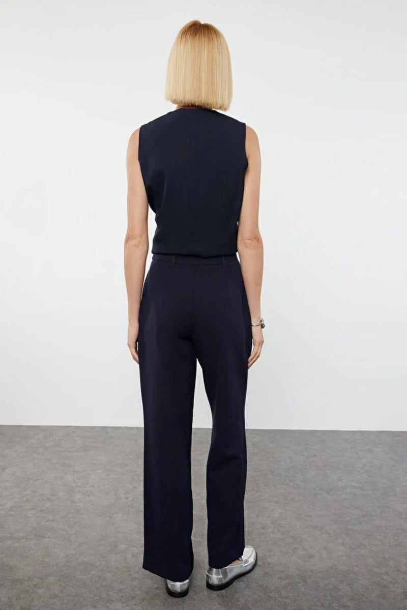 High Waist Wide Leg Pleated Woven Fabric Trousers