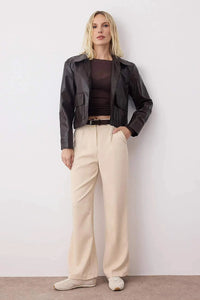 High Waist Wide Leg Pleated Woven Fabric Trousers