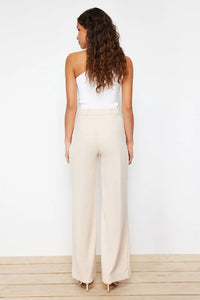 High Waist Wide Leg Pleated Woven Fabric Trousers
