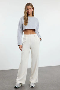 High Waist Wide Leg Pleated Woven Fabric Trousers
