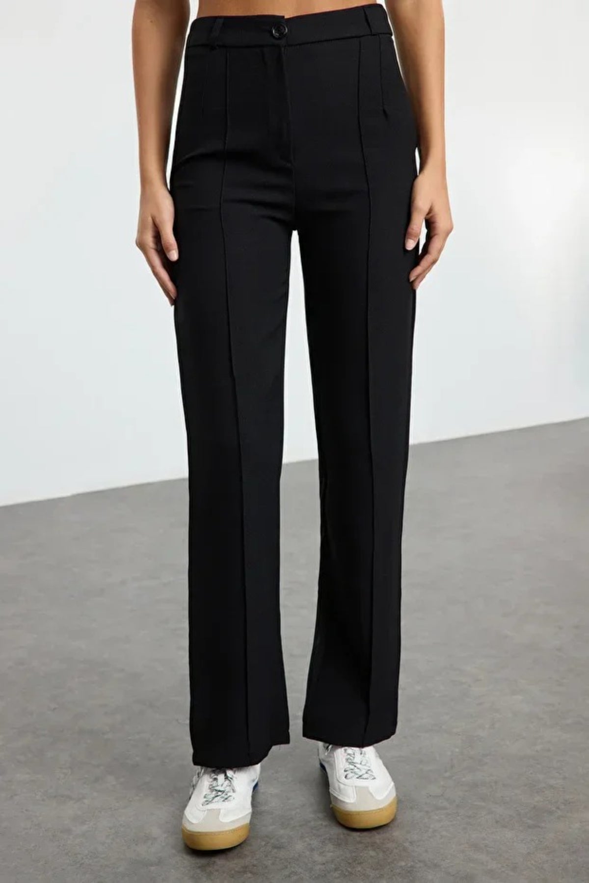 Straight Cut High Waist Pintuck Woven Trousers