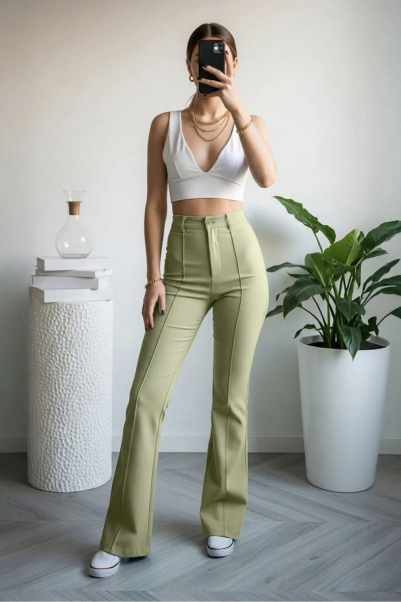 Straight Cut High Waist Pintuck Woven Trousers