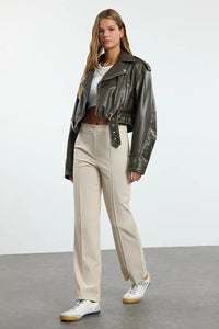 Straight Cut High Waist Pintuck Woven Trousers