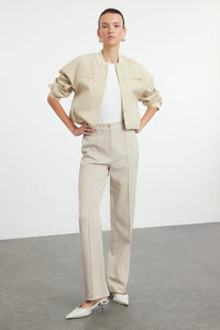Straight Cut High Waist Pintuck Woven Trousers