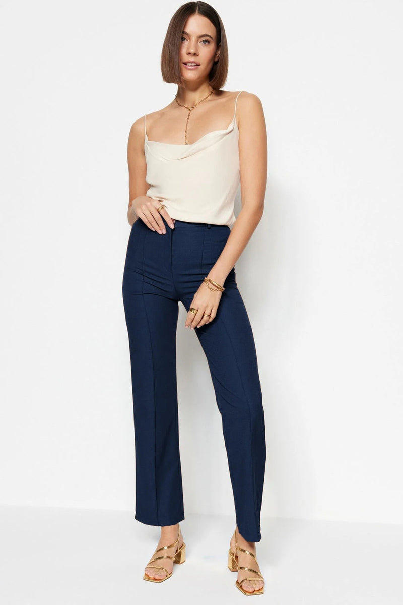 Straight Cut High Waist Pintuck Woven Trousers