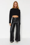 Faux Leather Wide Leg Knit Trousers with Pocket Detail