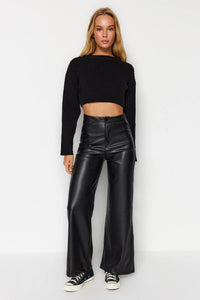 Faux Leather Wide Leg Knit Trousers with Pocket Detail