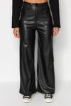 Faux Leather Wide Leg Knit Trousers with Pocket Detail