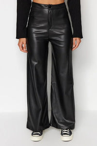 Faux Leather Wide Leg Knit Trousers with Pocket Detail