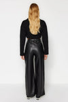 Faux Leather Wide Leg Knit Trousers with Pocket Detail