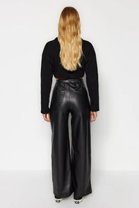 Faux Leather Wide Leg Knit Trousers with Pocket Detail