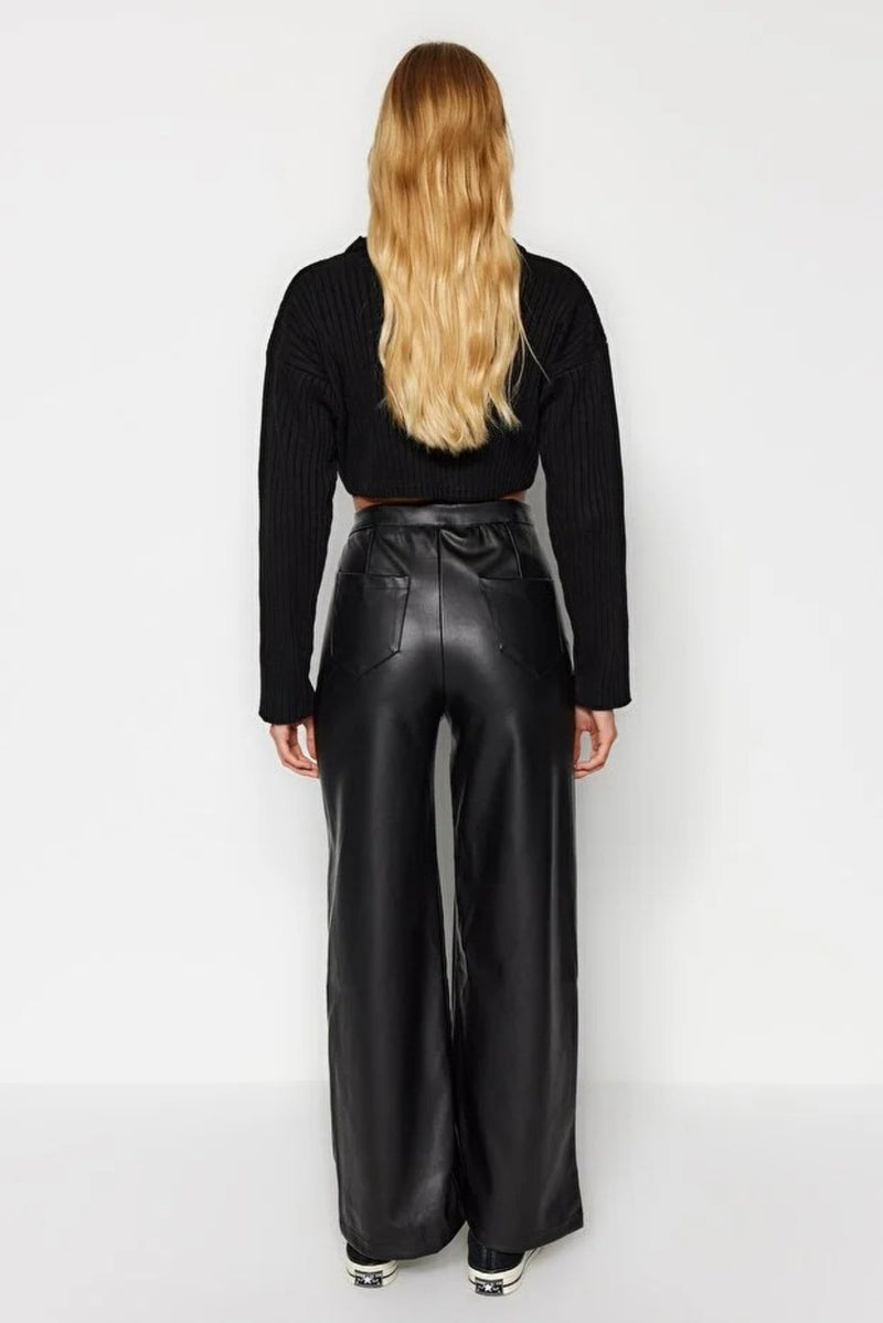 Faux Leather Wide Leg Knit Trousers with Pocket Detail