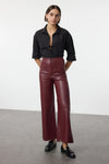Faux Leather Wide Leg Knit Trousers with Pocket Detail