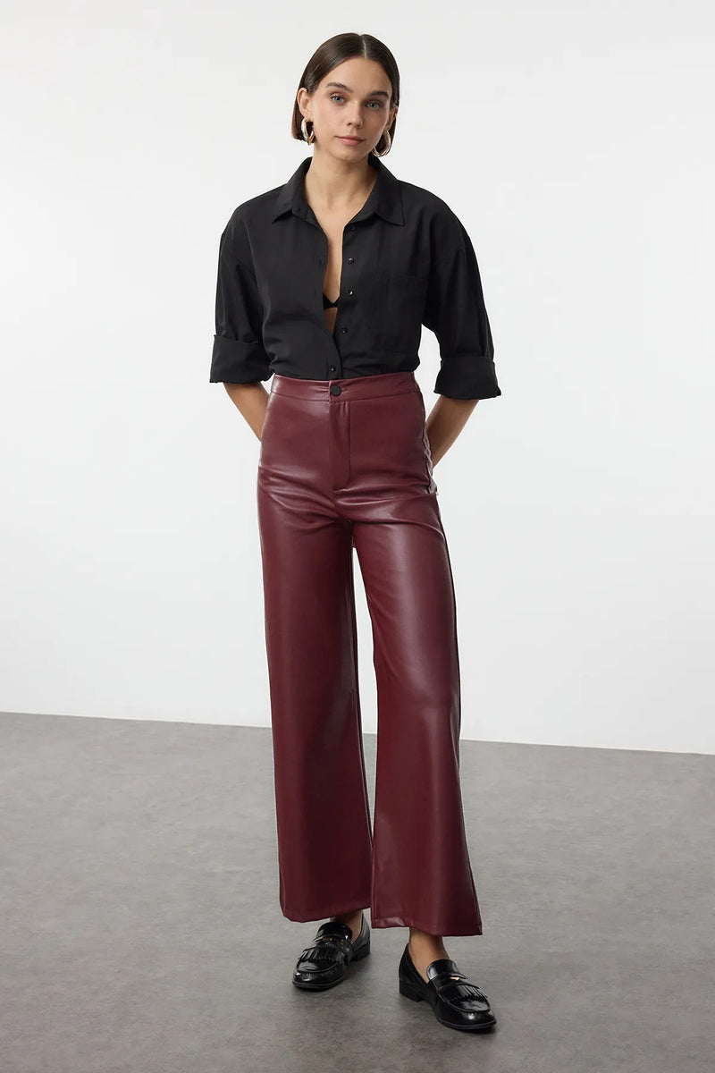 Faux Leather Wide Leg Knit Trousers with Pocket Detail