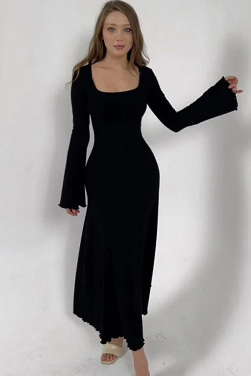 Elegant Bodycon Maxi Dress in Black – Square Neck, Flared Sleeves