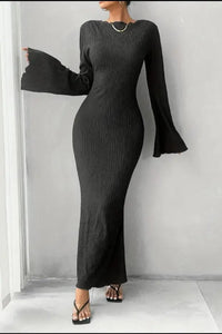 Regular Fit Ribbed Long Sleeve Maxi Dress with Flared Cuffs in Grey