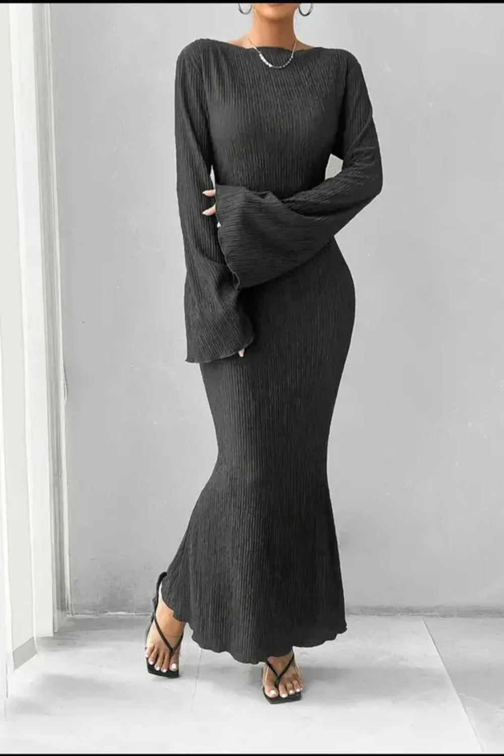 Regular Fit Ribbed Long Sleeve Maxi Dress with Flared Cuffs in Grey