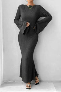 Regular Fit Ribbed Long Sleeve Maxi Dress with Flared Cuffs in Grey