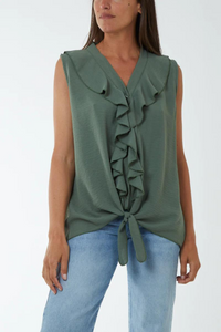 Oversized Frilled Front Sleeveless V Neck Blouse with Tie Detail in Khaki