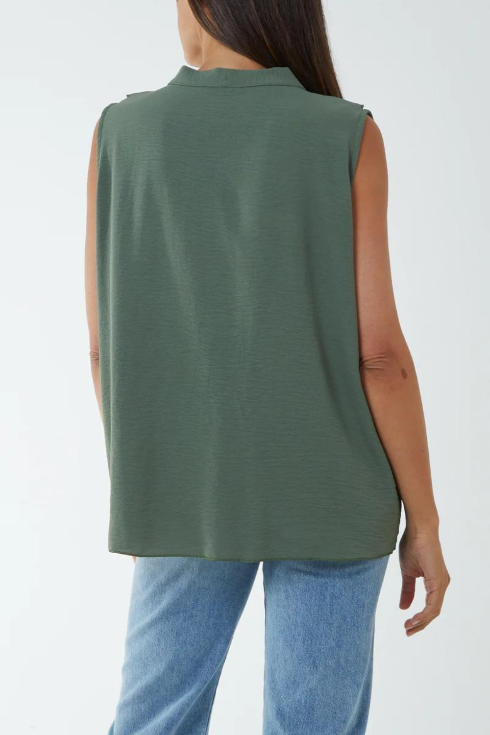 Oversized Frilled Front Sleeveless V Neck Blouse with Tie Detail in Khaki