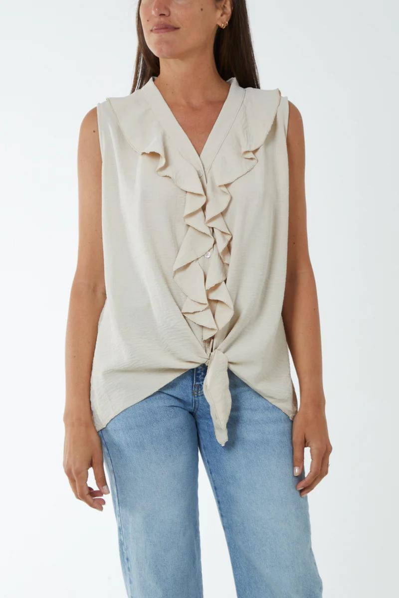 Oversized Frilled Front Sleeveless V Neck Blouse with Tie Detail in Beige