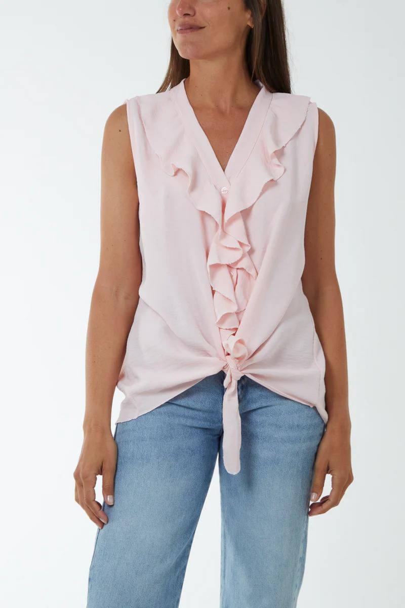Oversized Frilled Front Sleeveless V Neck Blouse with Tie Detail in Pink