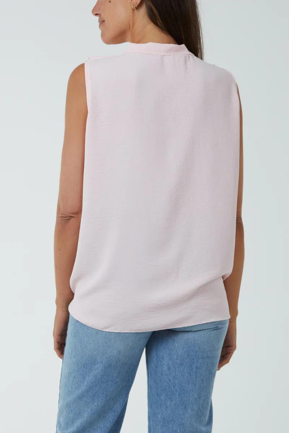 Oversized Frilled Front Sleeveless V Neck Blouse with Tie Detail in Pink