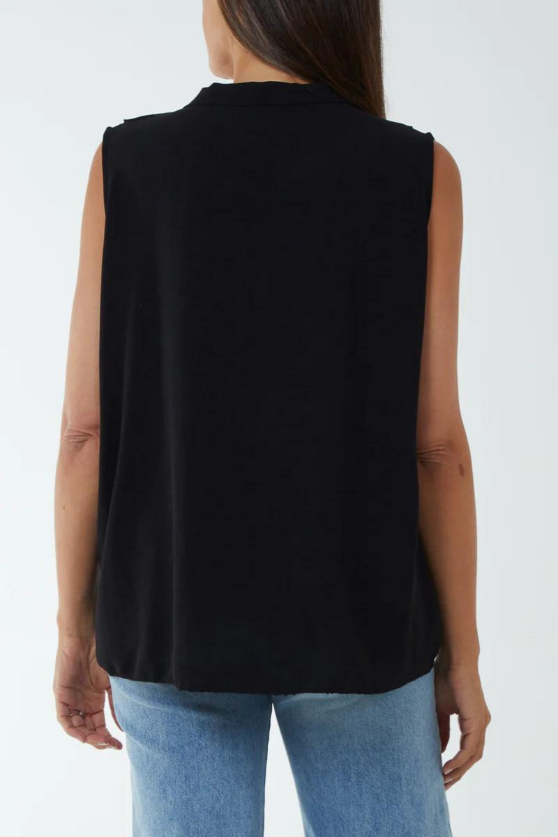 Oversized Frilled Front Sleeveless V Neck Blouse with Tie Detail in Black